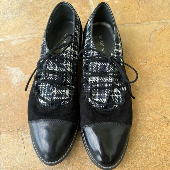 Stuart Weitzman black white retro plaid laceup suede loafers size 10 academia - Picture 2 of 6